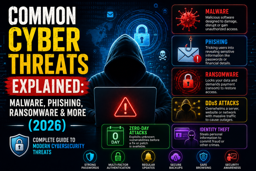 Common Cyber Threats Explained: Malware, Phishing, Ransomware & More (2026) – Complete Guide to Modern Cybersecurity Threats