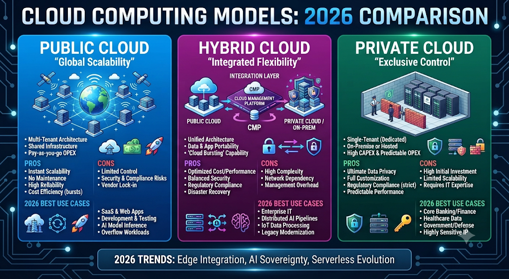 Public Cloud vs Private Cloud vs Hybrid Cloud: Key Differences, Pros, Cons & Best Use Cases (2026)