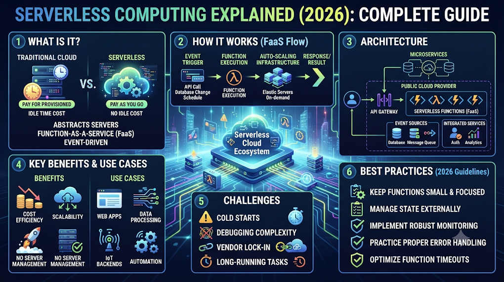 Serverless Computing Explained (2026): Complete Guide, How It Works, Benefits, Architecture, Use Cases, Challenges & Best Practices