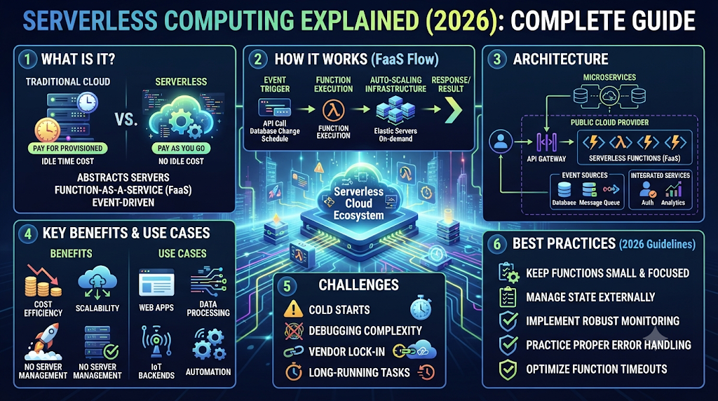 Serverless Computing Explained (2026): Complete Guide, How It Works, Benefits, Architecture, Use Cases, Challenges & Best Practices