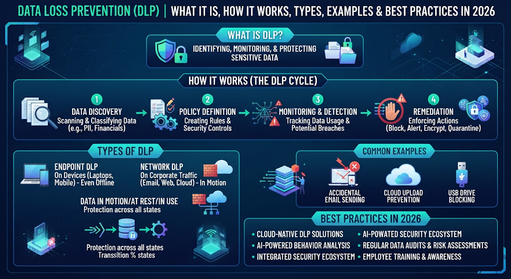 Data Loss Prevention (DLP): What It Is, How It Works, Types, Examples & Best Practices in 2026